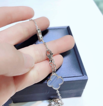 [⭐Shinejoy]クローバー 10モチーフ カルセドニー ダイヤモンド シルバーネックレス
