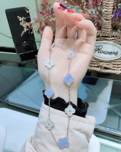 [⭐Shinejoy]クローバー 10モチーフ カルセドニー ダイヤモンド シルバーネックレス